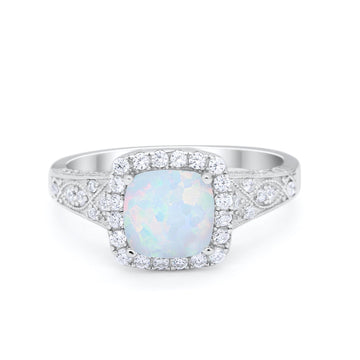 Cushion Art Deco Wedding Ring Lab Created White Opal 925 Sterling Silver